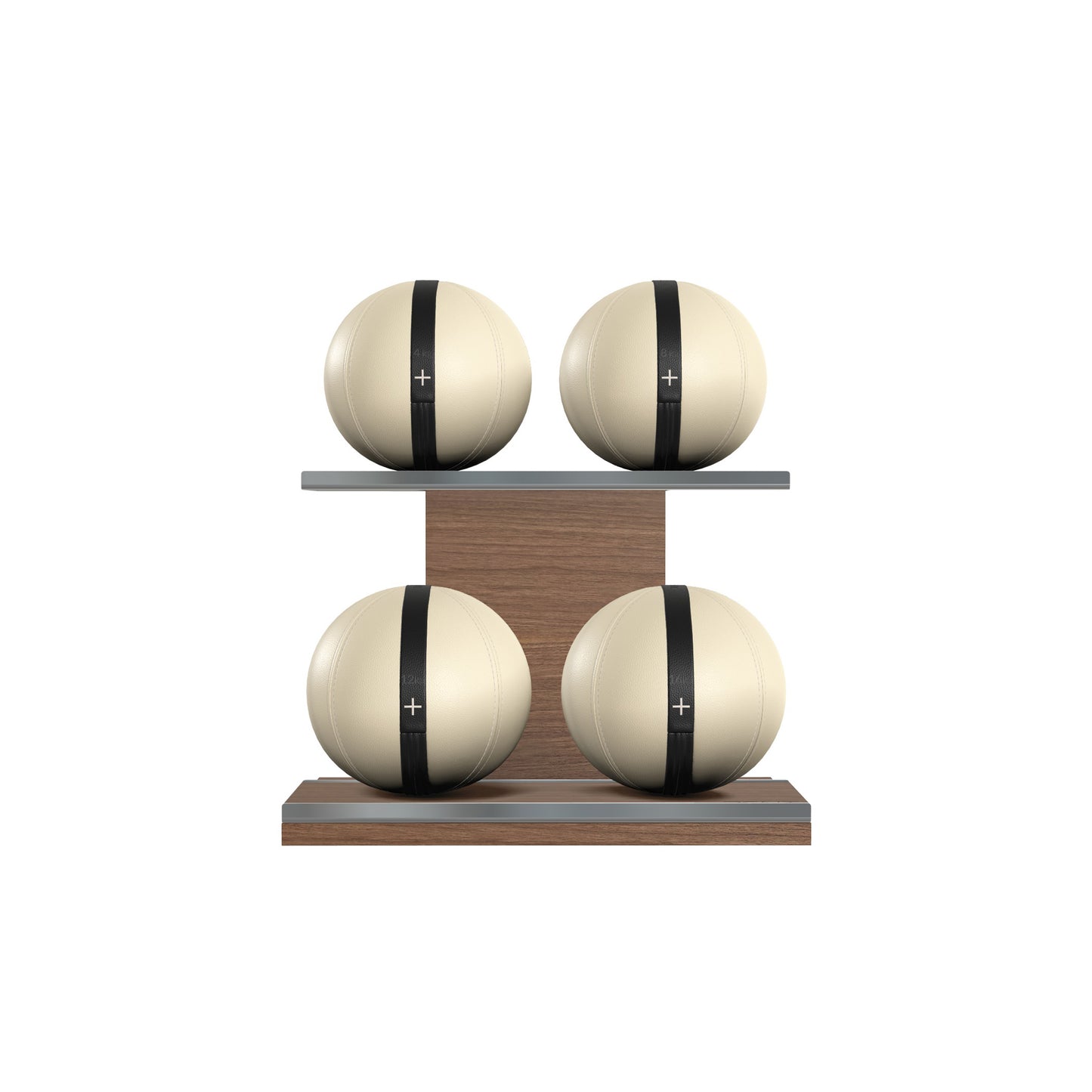 Four beige leather medicine balls with black accent leather, arranged on two shelves made of natural walnut wood. PENT. MOXA Power - Set of 4 Medicine Balls on Horizontal Wooden Stand