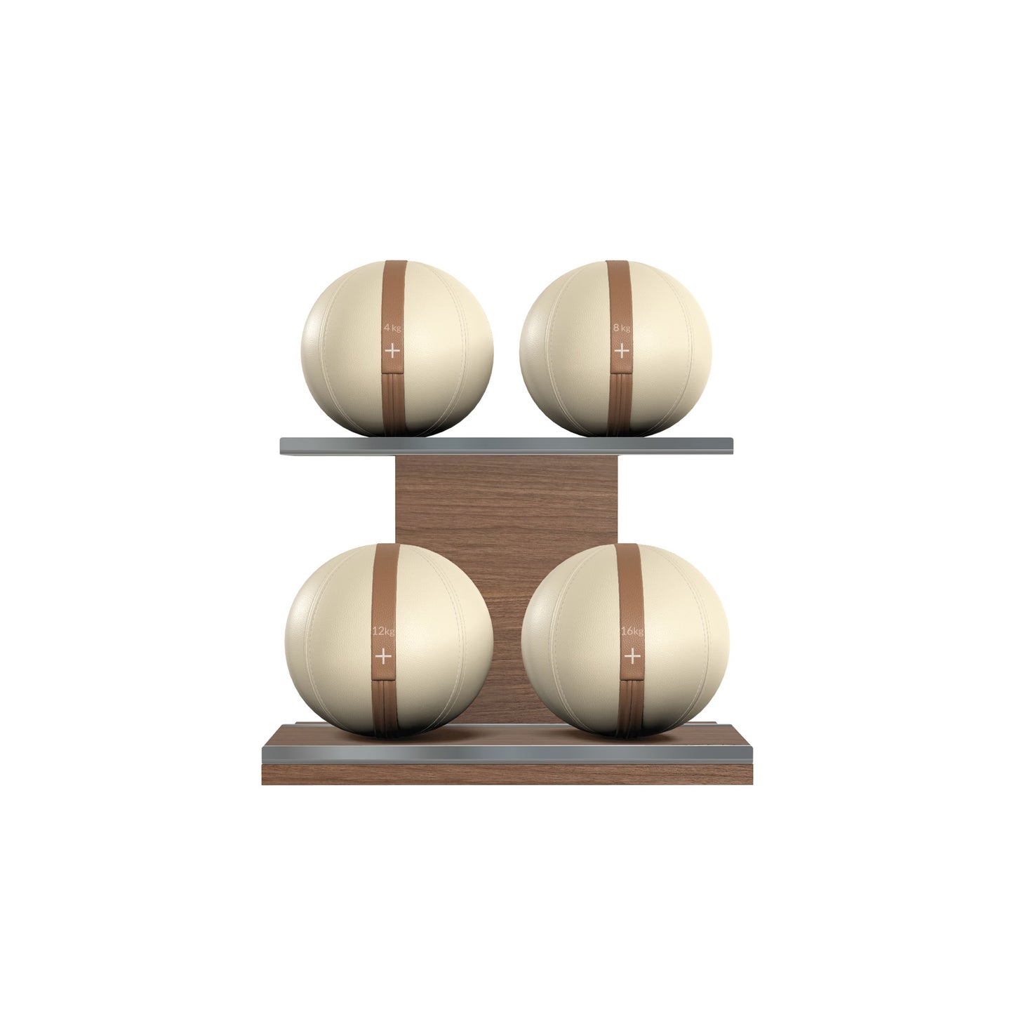 Four beige leather medicine balls with brown accent leather, arranged on two shelves made of natural walnut wood. PENT. MOXA Power - Set of 4 Medicine Balls on Horizontal Wooden Stand