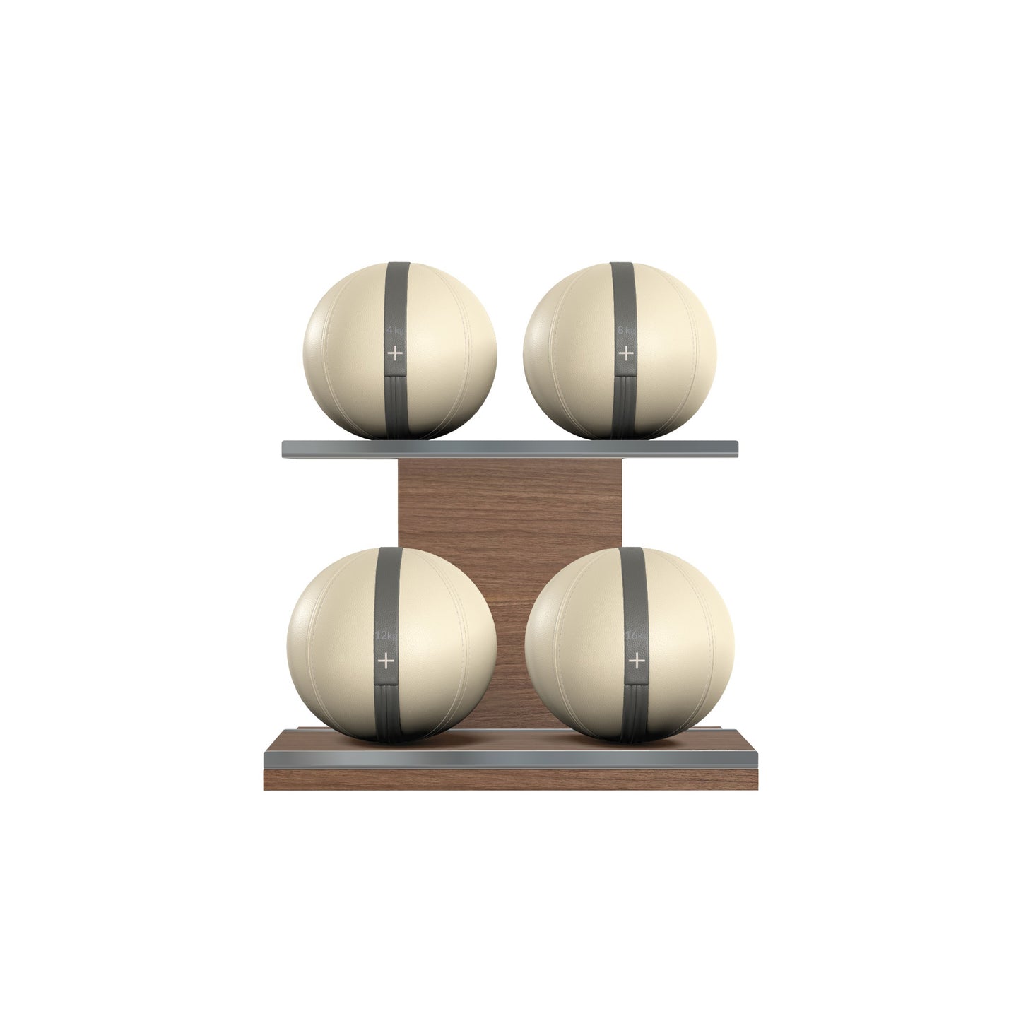 Four beige leather medicine balls with grey accent leather, arranged on two shelves made of natural walnut wood. PENT. MOXA Power - Set of 4 Medicine Balls on Horizontal Wooden Stand