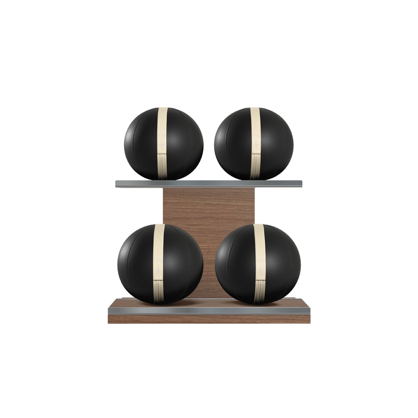 Four black leather medicine balls with beige accent leather, arranged on two shelves made of natural walnut wood. PENT. MOXA Power - Set of 4 Medicine Balls on Horizontal Wooden Stand