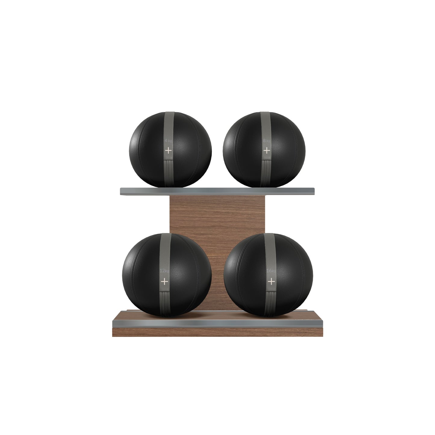 Four black leather medicine balls with grey accent leather, arranged on two shelves made of natural walnut wood. PENT. MOXA Power - Set of 4 Medicine Balls on Horizontal Wooden Stand