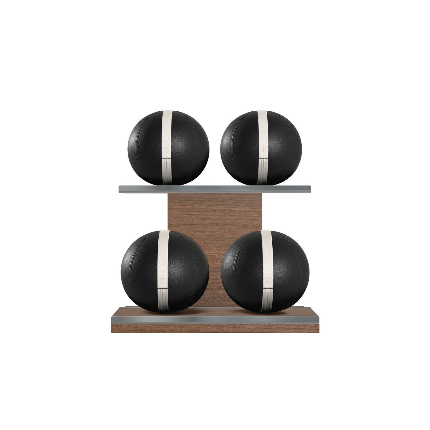 Four black leather medicine balls with white accent leather, arranged on two shelves made of natural walnut wood. PENT. MOXA Power - Set of 4 Medicine Balls on Horizontal Wooden Stand