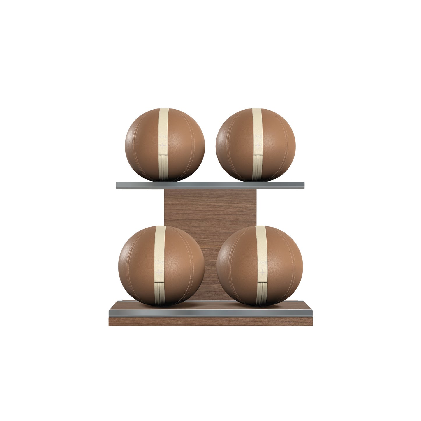 Four brown leather medicine balls with beige accent leather, arranged on two shelves made of natural walnut wood. PENT. MOXA Power - Set of 4 Medicine Balls on Horizontal Wooden Stand