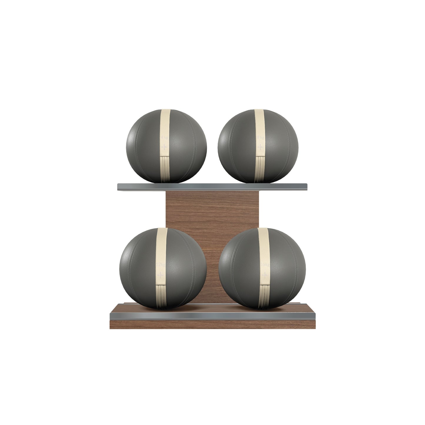 Four grey leather medicine balls with beige accent leather, arranged on two shelves made of natural walnut wood. PENT. MOXA Power - Set of 4 Medicine Balls on Horizontal Wooden Stand