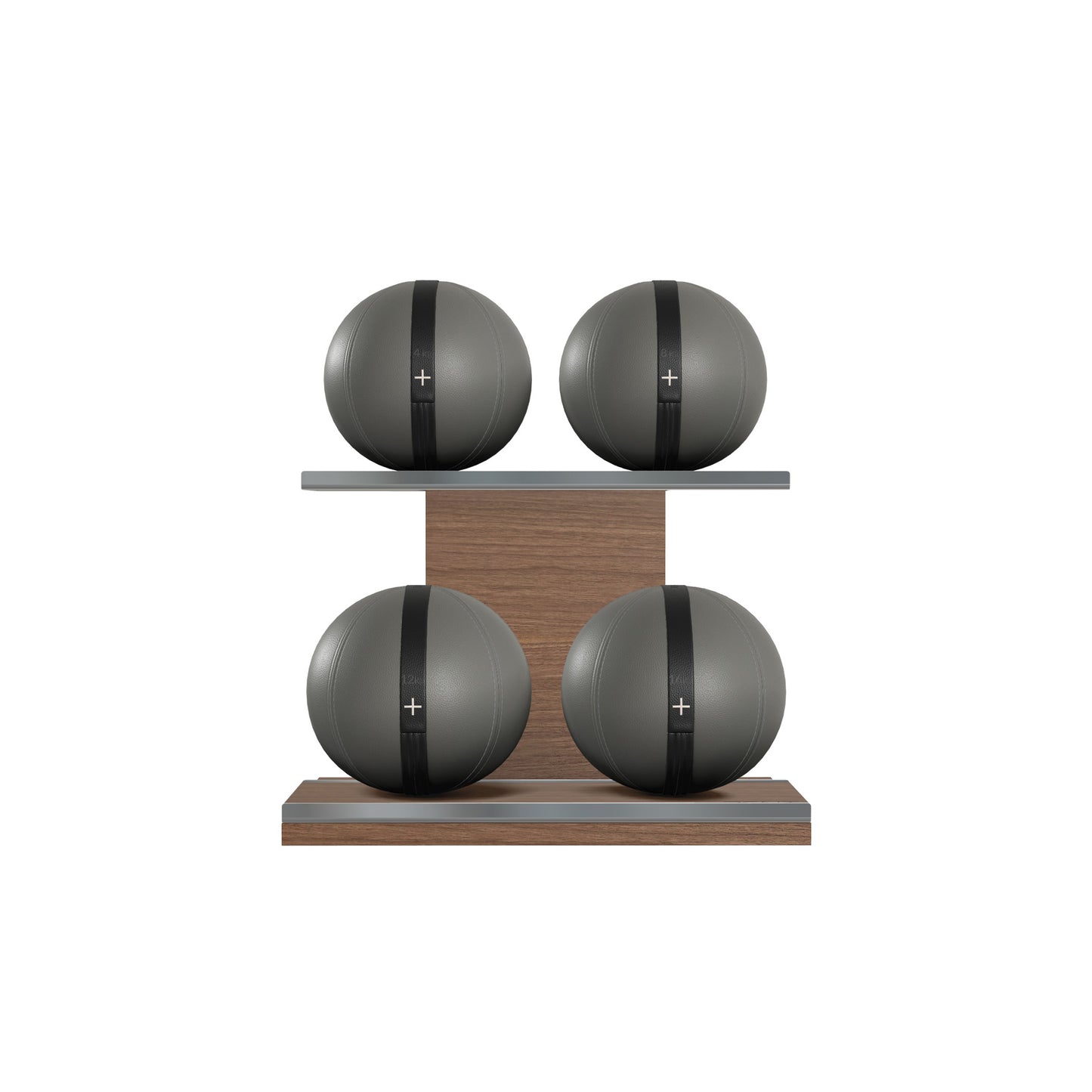 Four grey leather medicine balls with black accent leather, arranged on two shelves made of natural walnut wood. PENT. MOXA Power - Set of 4 Medicine Balls on Horizontal Wooden Stand