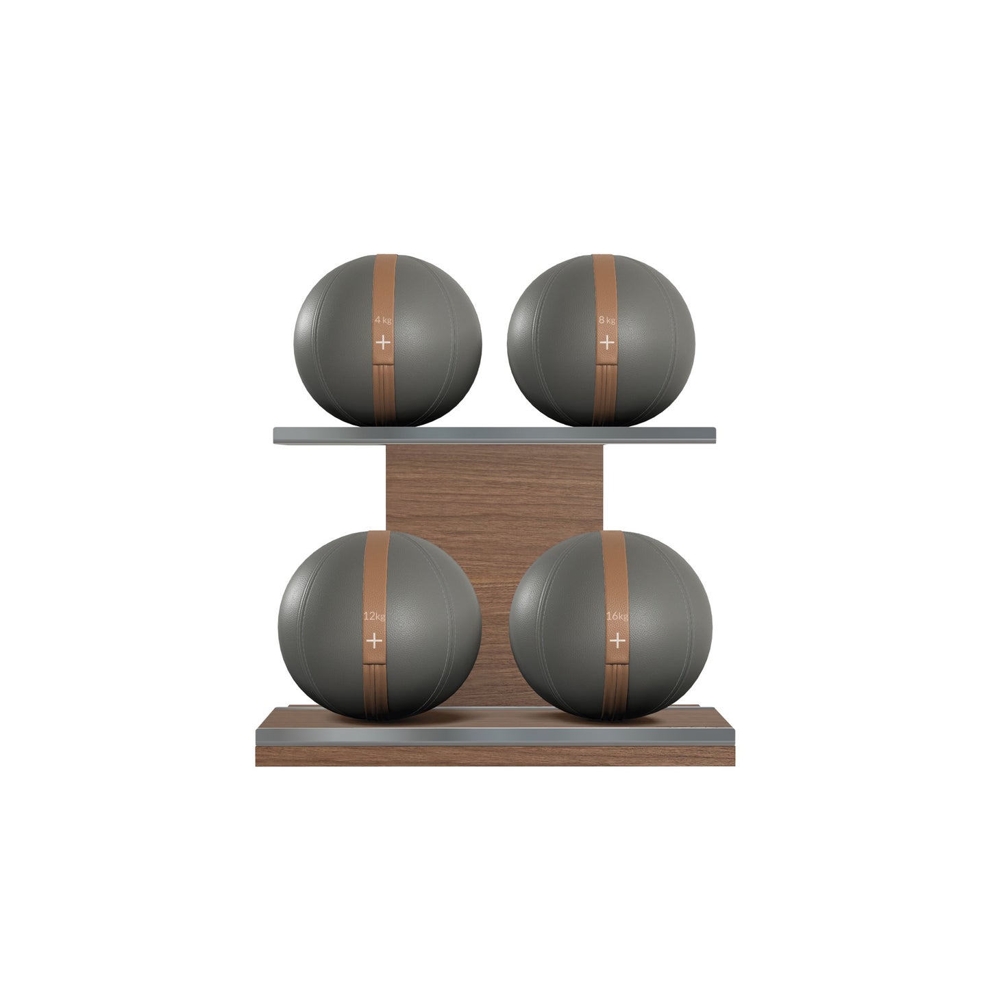 Four grey leather medicine balls with brown accent leather, arranged on two shelves made of natural walnut wood. PENT. MOXA Power - Set of 4 Medicine Balls on Horizontal Wooden Stand