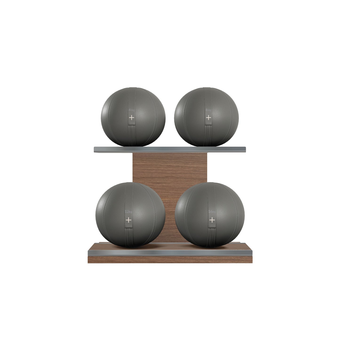 Four grey leather medicine balls with grey accent leather, arranged on two shelves made of natural walnut wood. PENT. MOXA Power - Set of 4 Medicine Balls on Horizontal Wooden Stand