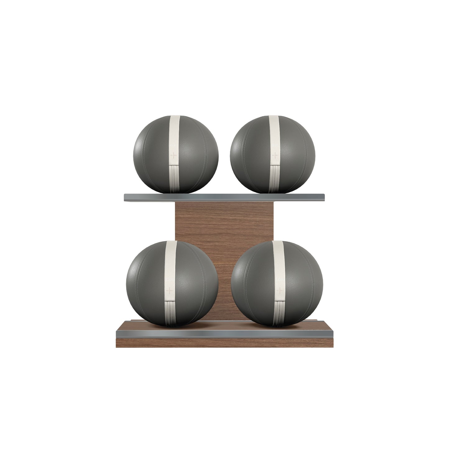 Four grey leather medicine balls with white accent leather, arranged on two shelves made of natural walnut wood. PENT. MOXA Power - Set of 4 Medicine Balls on Horizontal Wooden Stand