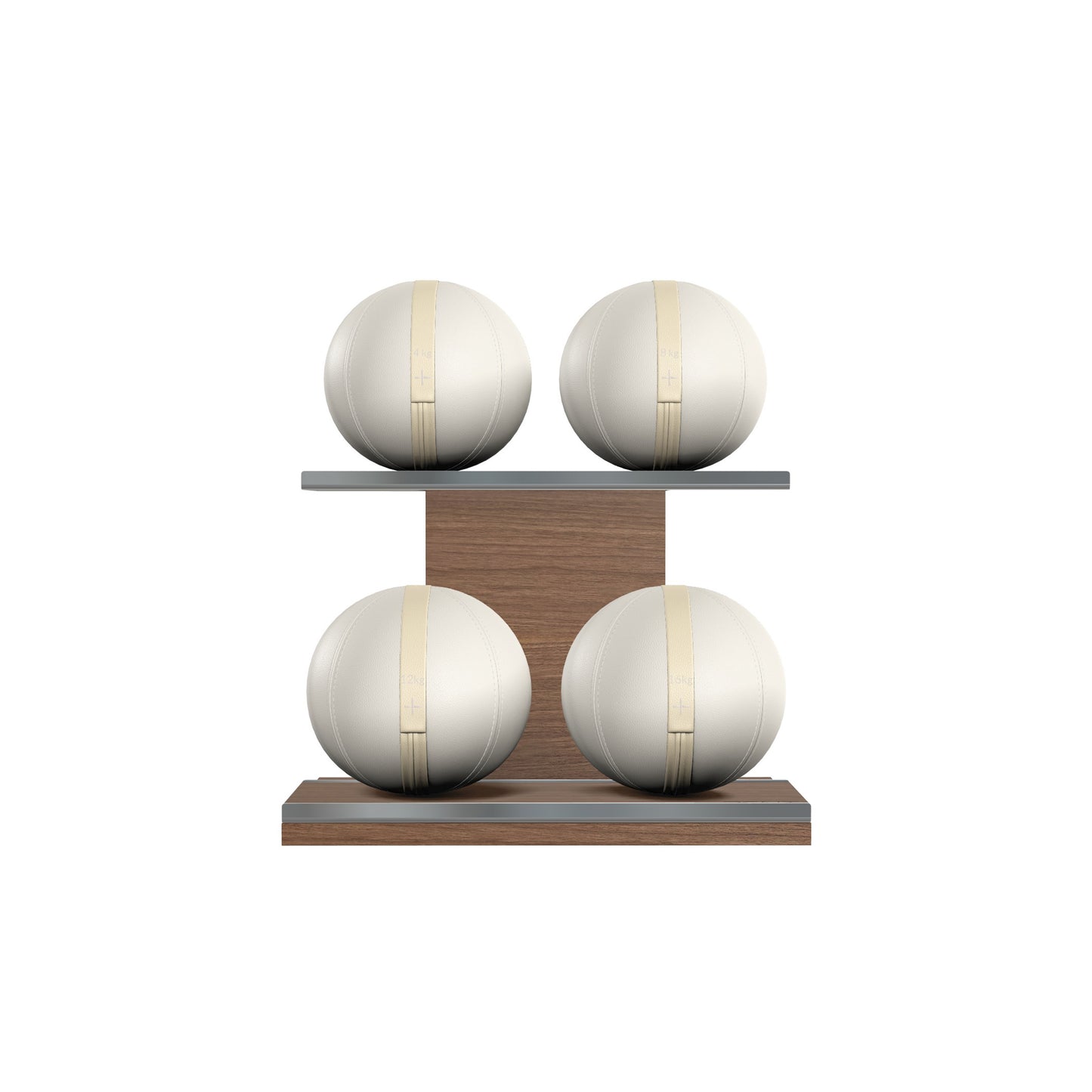 Four white base leather medicine balls with beige accent leather, arranged on two shelves made of natural walnut wood. PENT. MOXA Power - Set of 4 Medicine Balls on Horizontal Wooden Stand