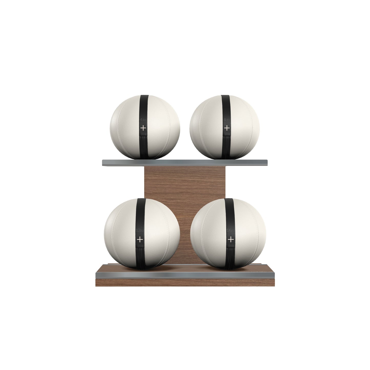 Four white leather medicine balls with black accent leather, arranged on two shelves made of natural walnut wood. PENT. MOXA Power - Set of 4 Medicine Balls on Horizontal Wooden Stand
