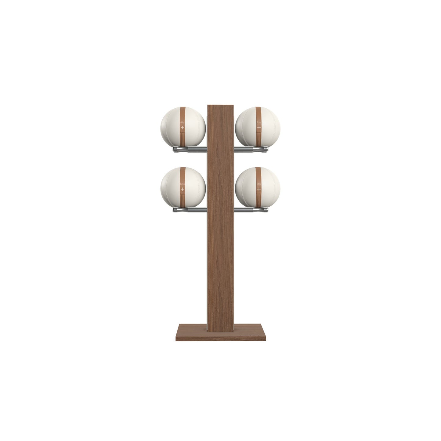 Luxury fitness equipment, 4 leather medicine ball on vertical wooden stand, handcrafted with premium Italian white leather and natural walnut wood. PENT. MOXA Set