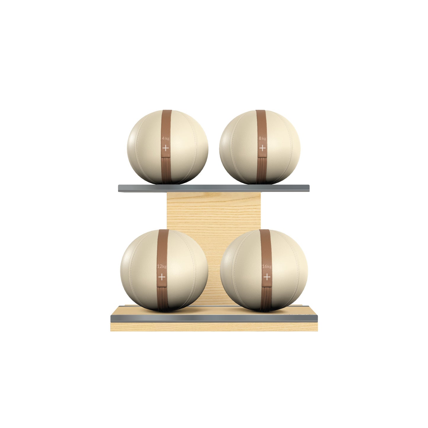 Four beige leather medicine balls with brown accent leather, arranged on two shelves made of natural ash wood. PENT. MOXA Power - Set of 4 Medicine Balls on Horizontal Wooden Stand