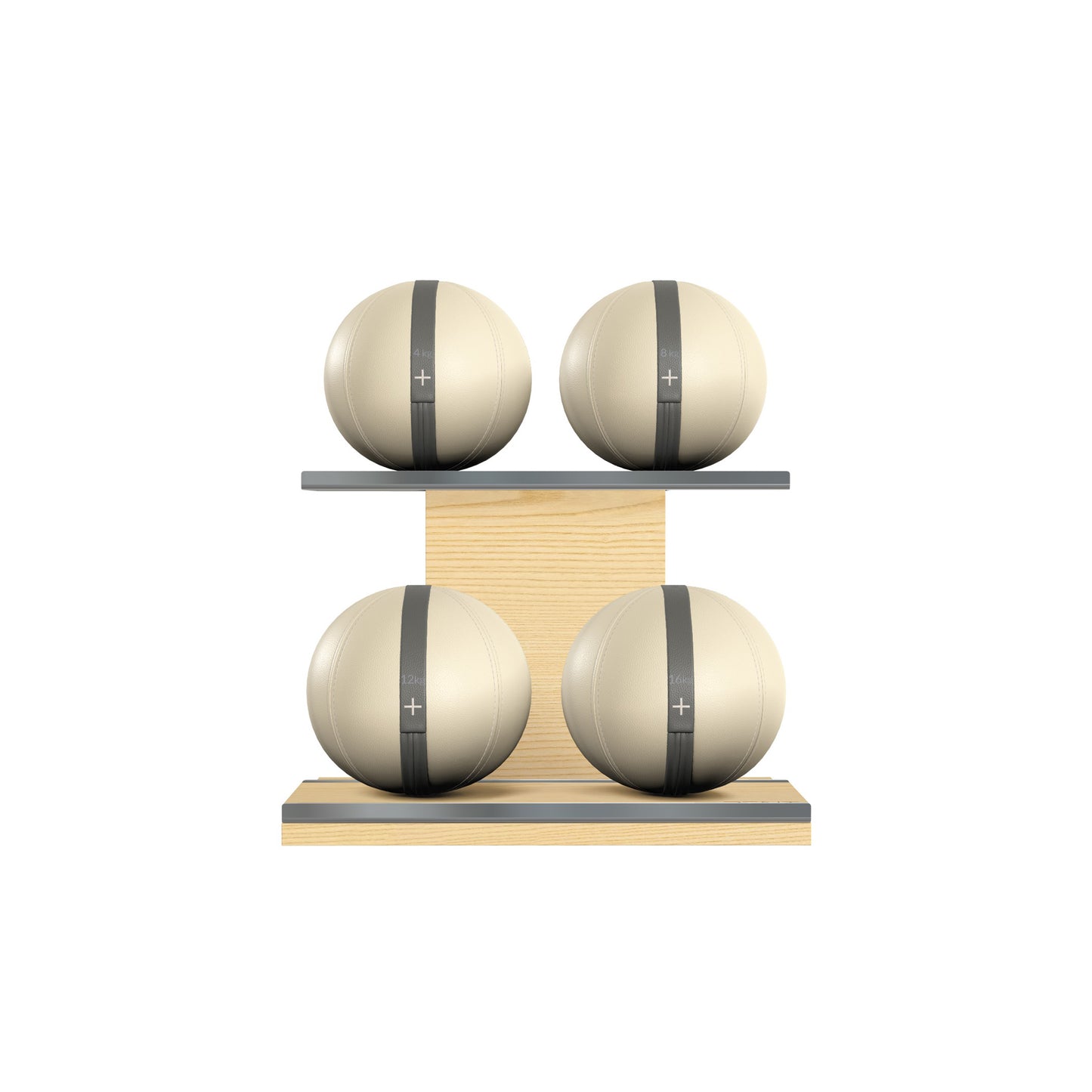 Four beige leather medicine balls with grey accent leather, arranged on two shelves made of natural ash wood. PENT. MOXA Power - Set of 4 Medicine Balls on Horizontal Wooden Stand