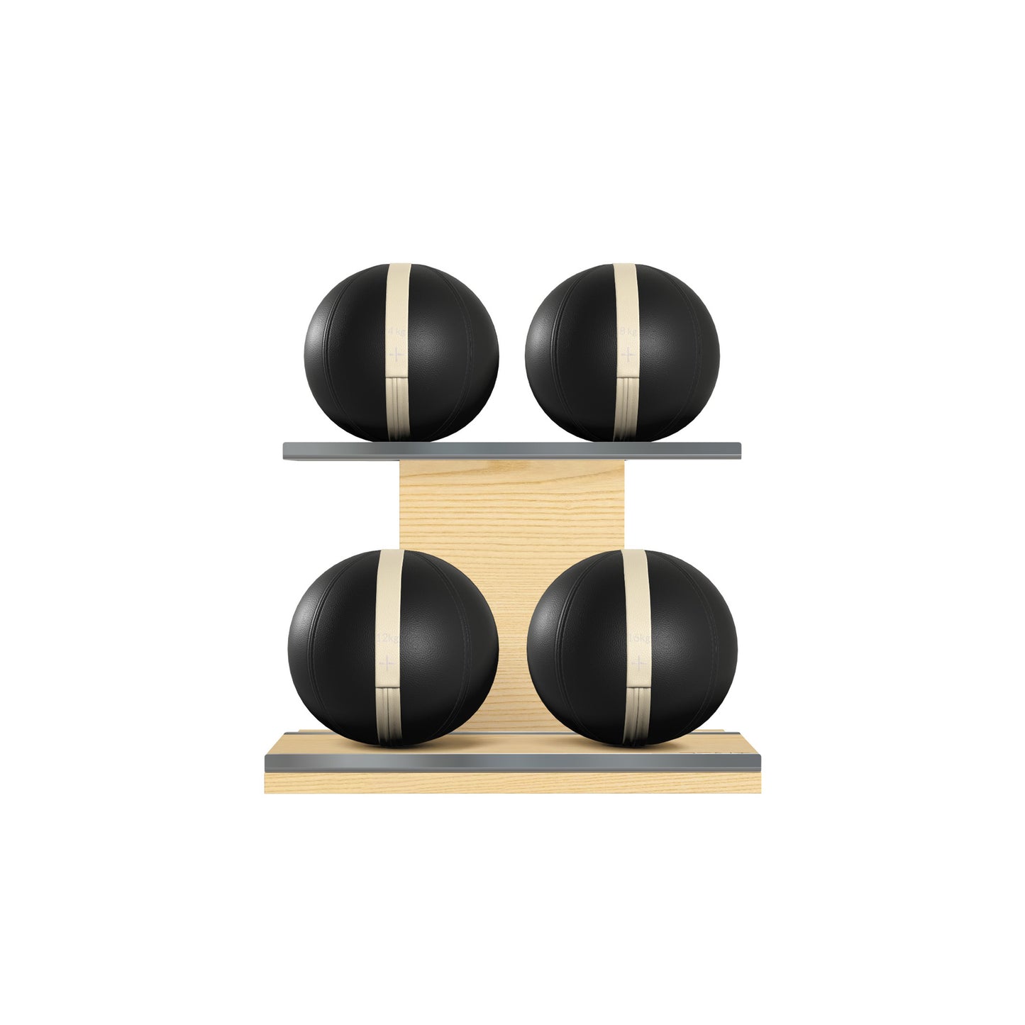 Four black leather medicine balls with beige accent leather, arranged on two shelves made of natural ash wood. PENT. MOXA Power - Set of 4 Medicine Balls on Horizontal Wooden Stand