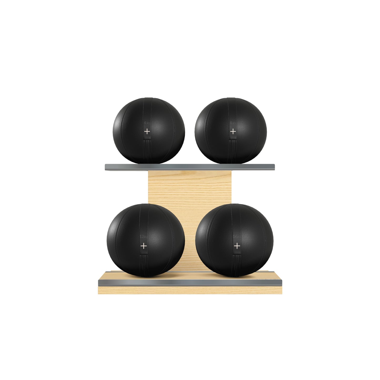 Four black leather medicine balls with black accent leather, arranged on two shelves made of natural ash wood. PENT. MOXA Power - Set of 4 Medicine Balls on Horizontal Wooden Stand