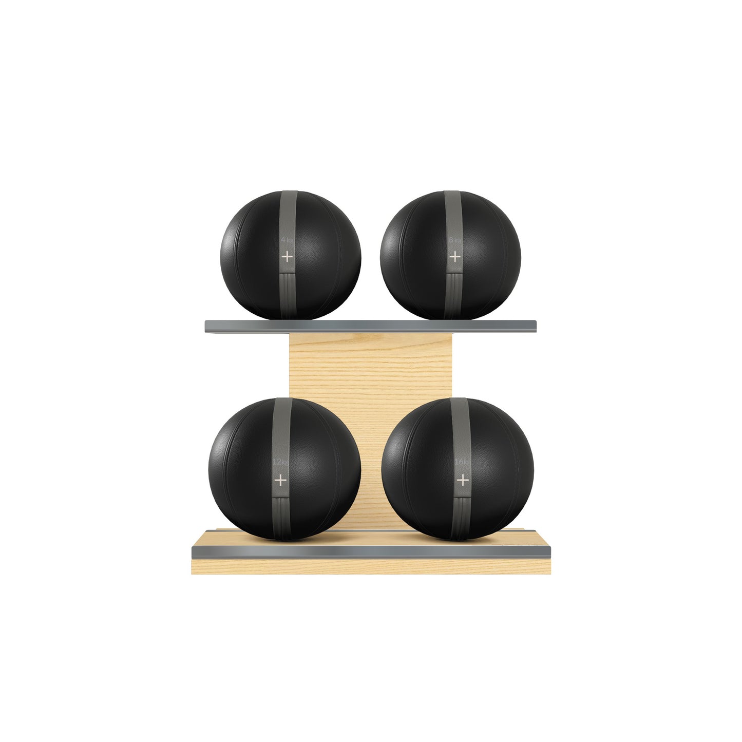 Four black leather medicine balls with grey accent leather, arranged on two shelves made of natural ash wood. PENT. MOXA Power - Set of 4 Medicine Balls on Horizontal Wooden Stand