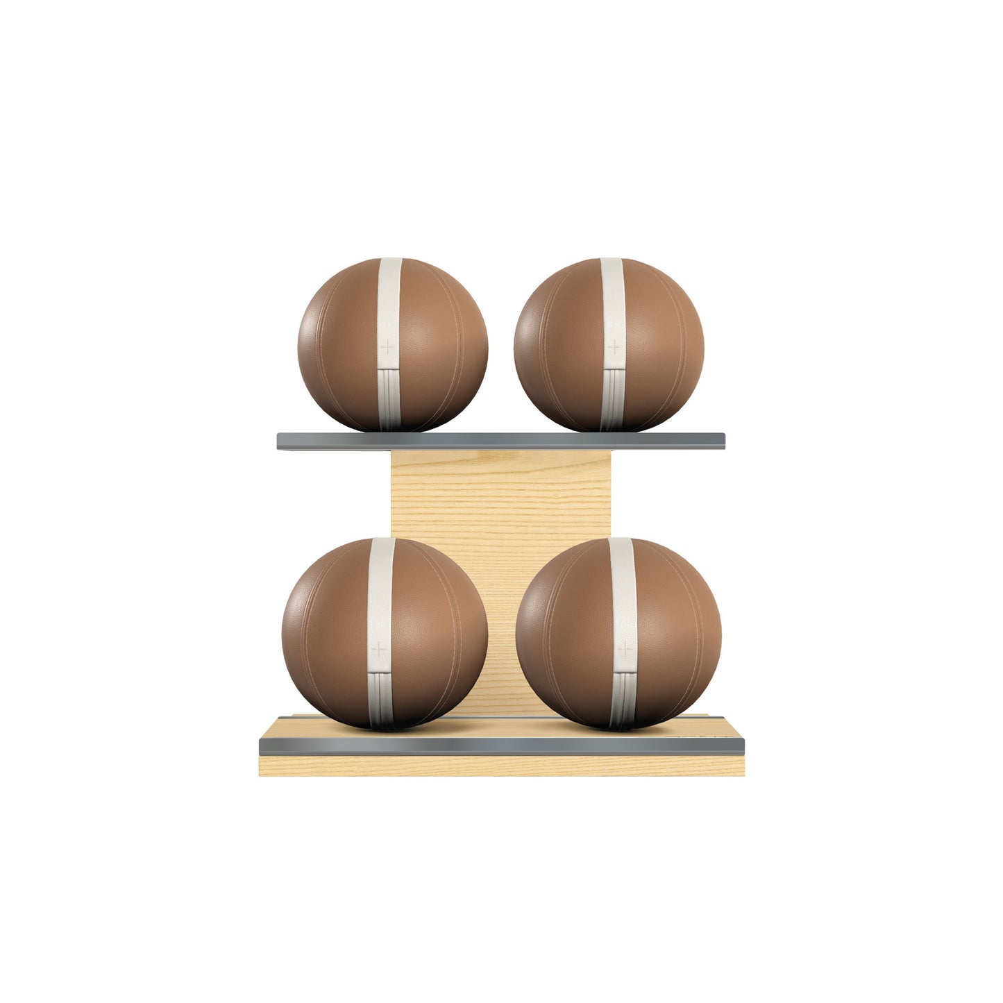 Four brown leather medicine balls with white accent leather, arranged on two shelves made of natural ash wood. PENT. MOXA Power - Set of 4 Medicine Balls on Horizontal Wooden Stand