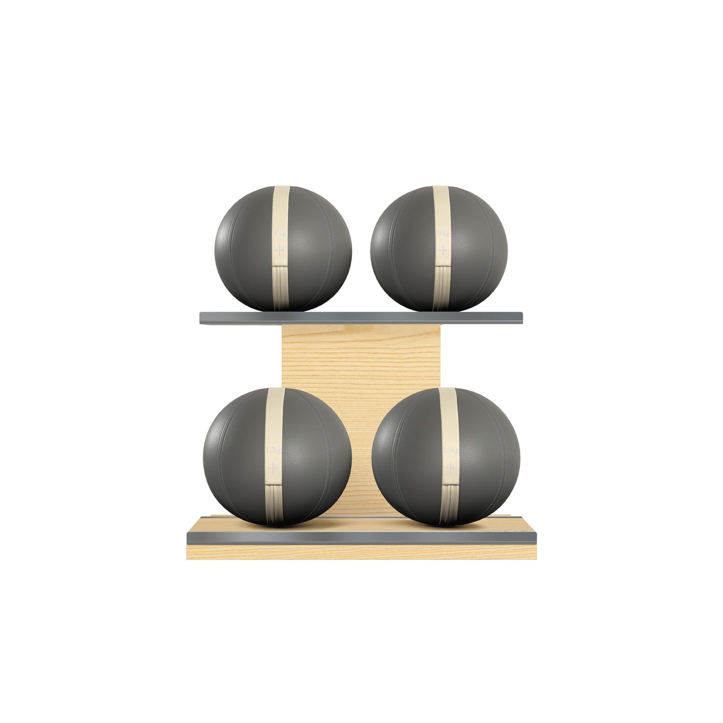 Four grey leather medicine balls with beige accent leather, arranged on two shelves made of natural ash wood. PENT. MOXA Power - Set of 4 Medicine Balls on Horizontal Wooden Stand
