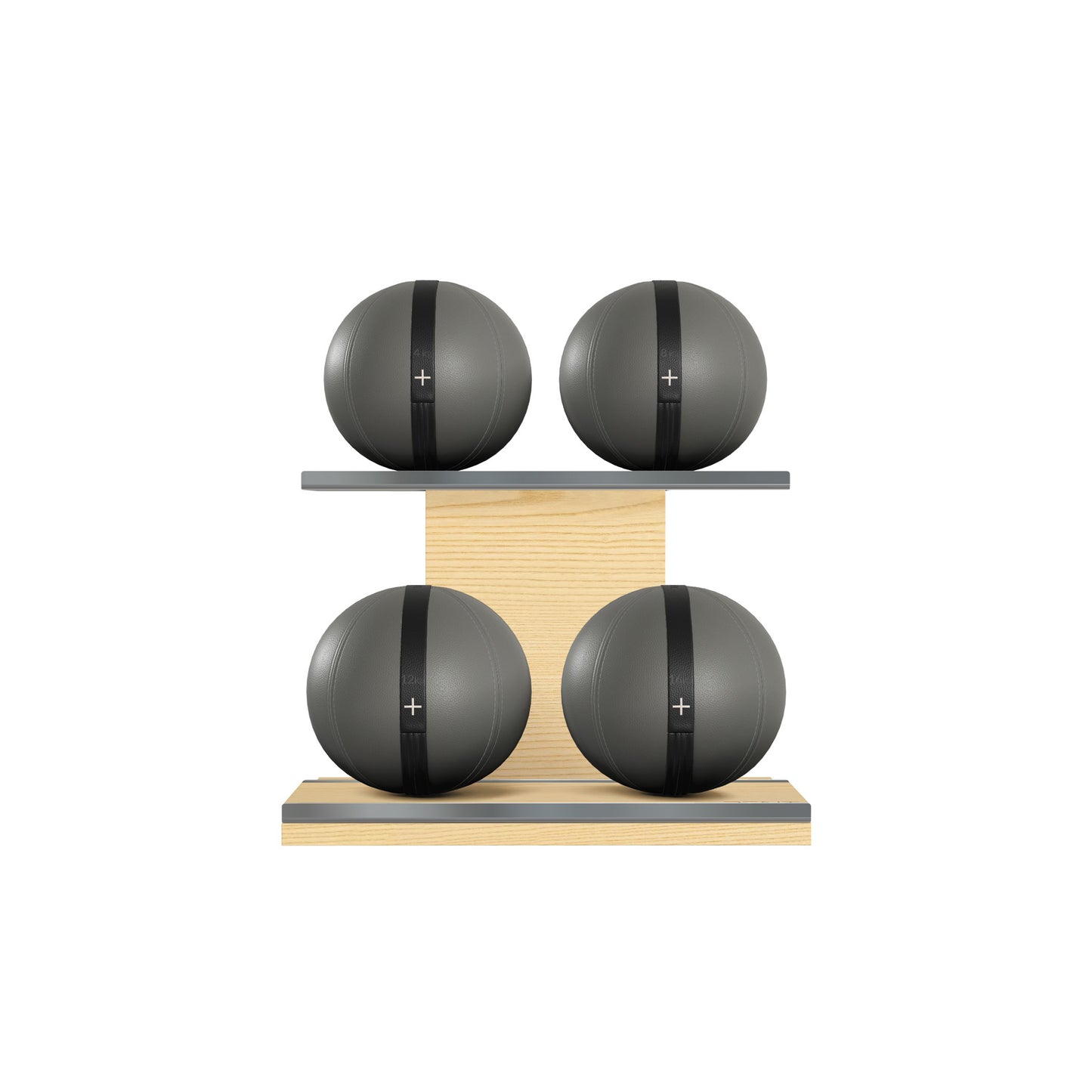 Four grey leather medicine balls with black accent leather, arranged on two shelves made of natural ash wood. PENT. MOXA Power - Set of 4 Medicine Balls on Horizontal Wooden Stand