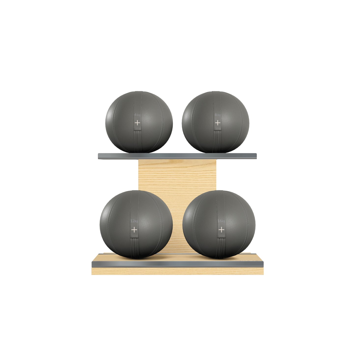 Four grey leather medicine balls with grey accent leather, arranged on two shelves made of natural ash wood. PENT. MOXA Power - Set of 4 Medicine Balls on Horizontal Wooden Stand