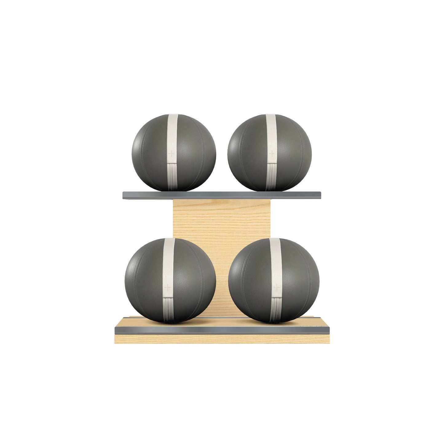 Four grey leather medicine balls with white accent leather, arranged on two shelves made of natural ash wood. PENT. MOXA Power - Set of 4 Medicine Balls on Horizontal Wooden Stand