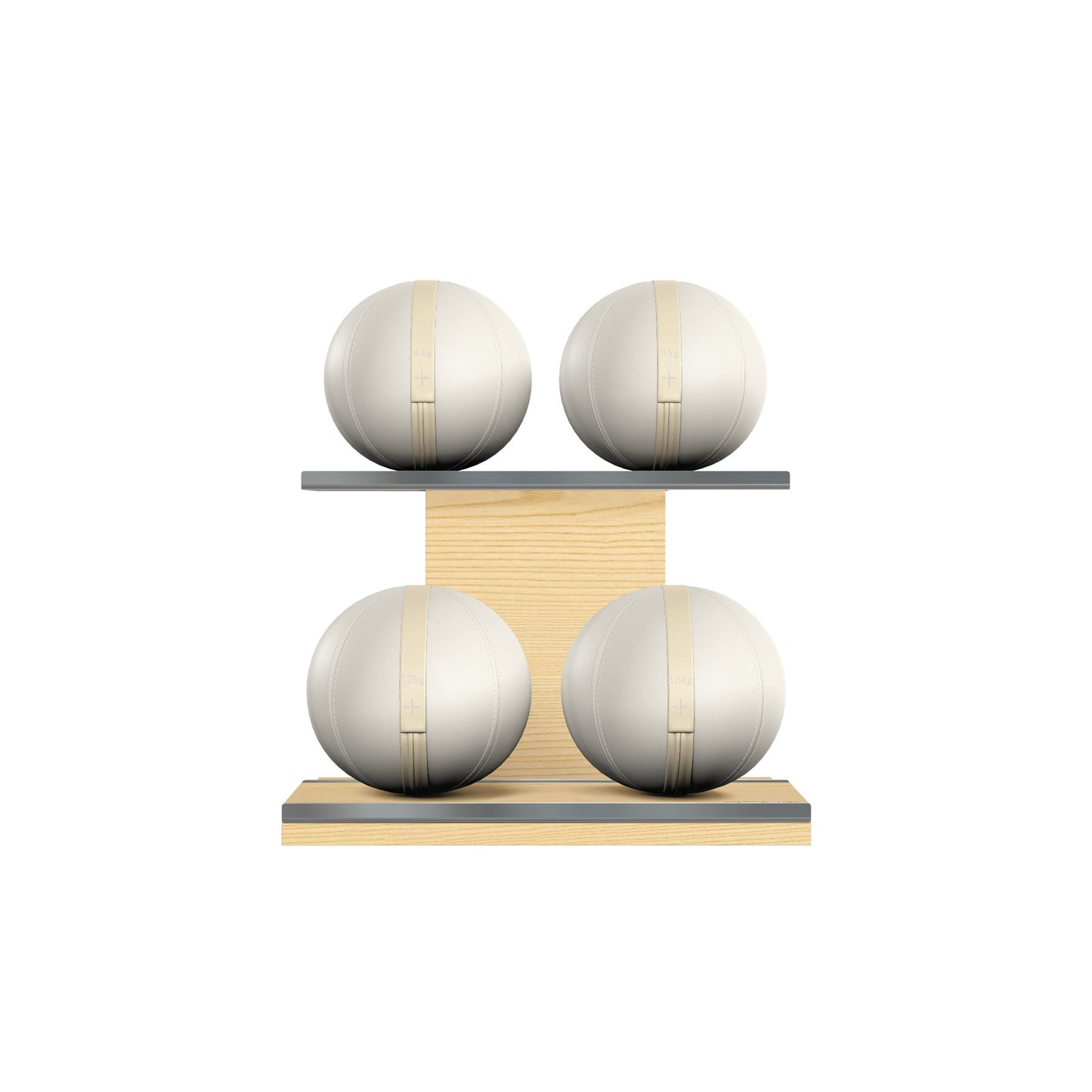 Four white leather medicine balls with beige accent leather, arranged on two shelves made of natural ash wood. PENT. MOXA Power - Set of 4 Medicine Balls on Horizontal Wooden Stand