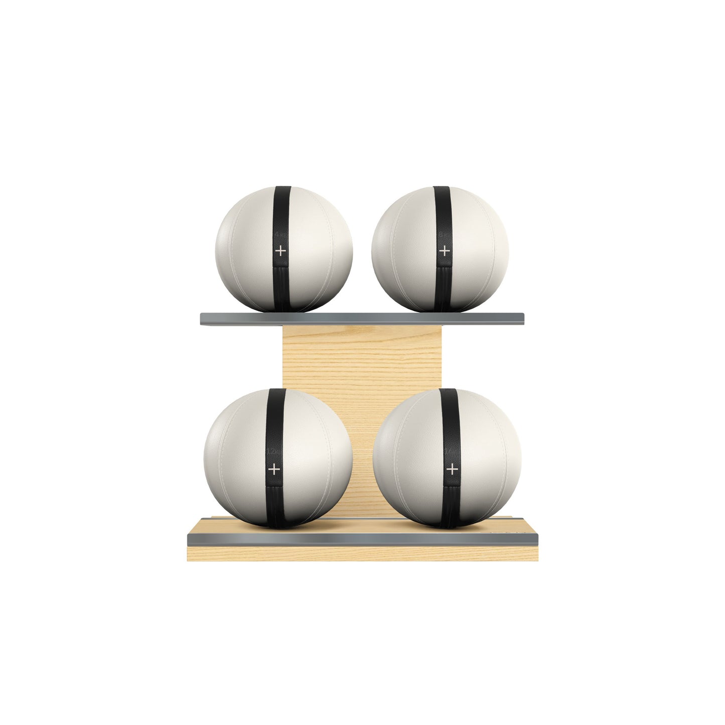 Four white leather medicine balls with black accent leather, arranged on two shelves made of natural ash wood. PENT. MOXA Power - Set of 4 Medicine Balls on Horizontal Wooden Stand