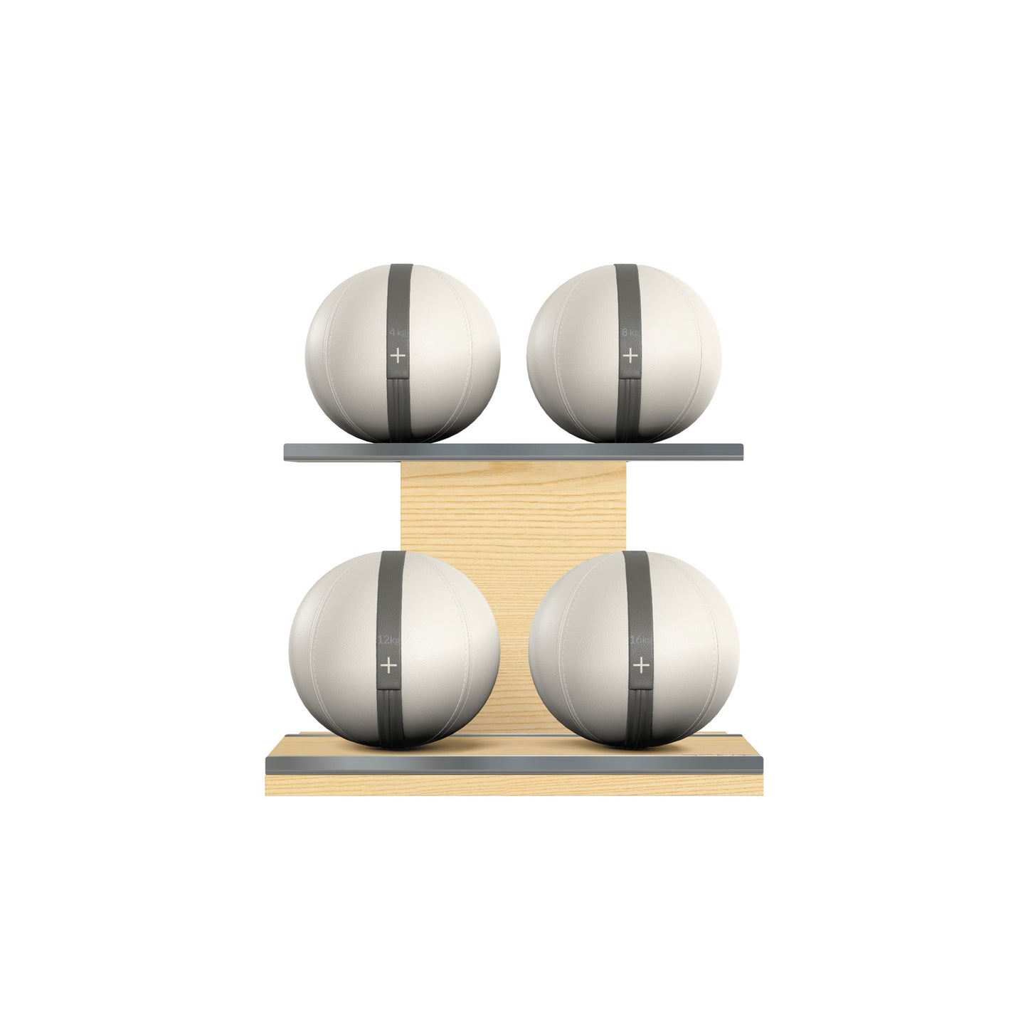 Four white leather medicine balls with grey accent leather, arranged on two shelves made of natural ash wood. PENT. MOXA Power - Set of 4 Medicine Balls on Horizontal Wooden Stand
