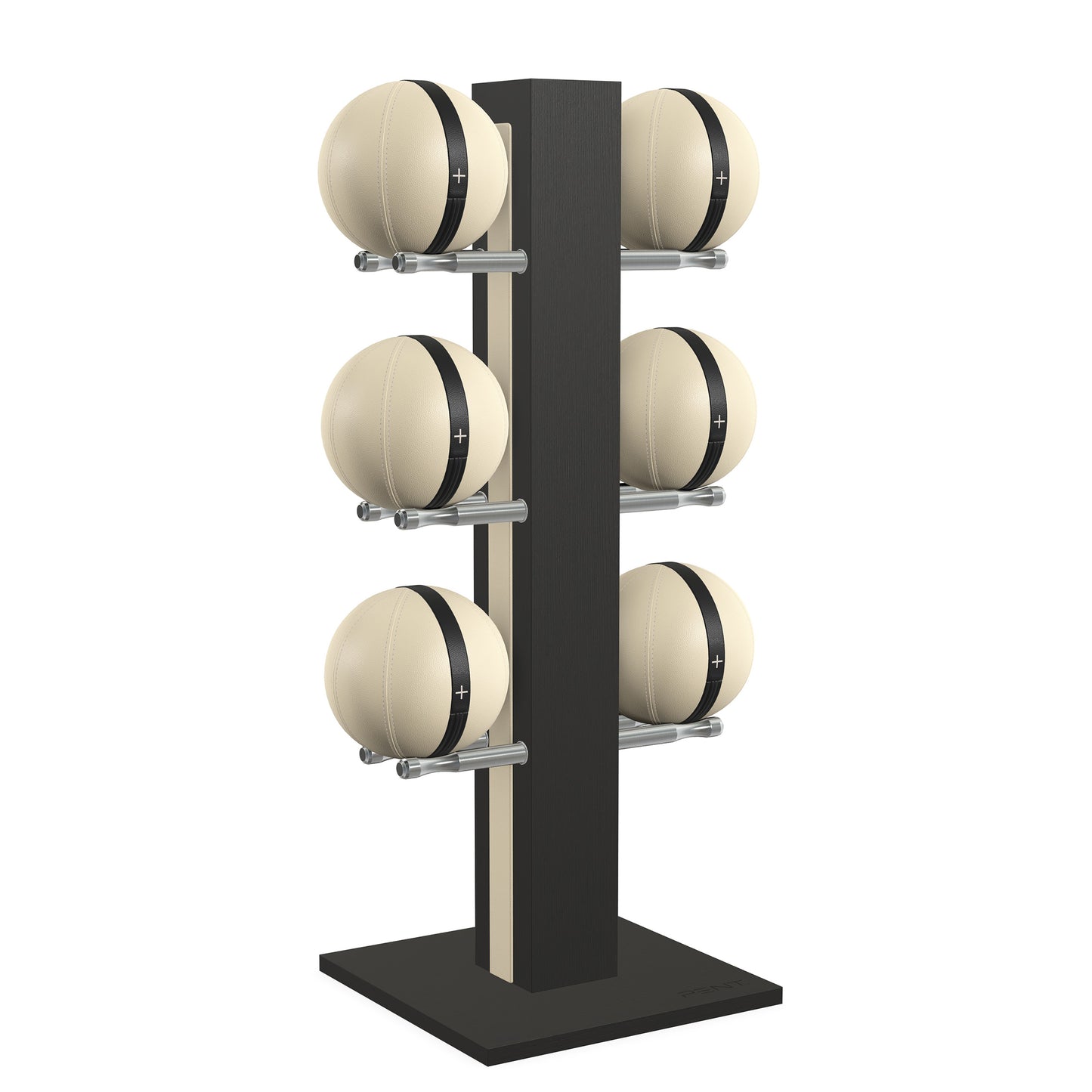 Luxury fitness equipment, 6 leather medicine ball on vertical wooden stand, handcrafted with premium Italian beige leather and natural black ash wood. PENT. MOXA Set