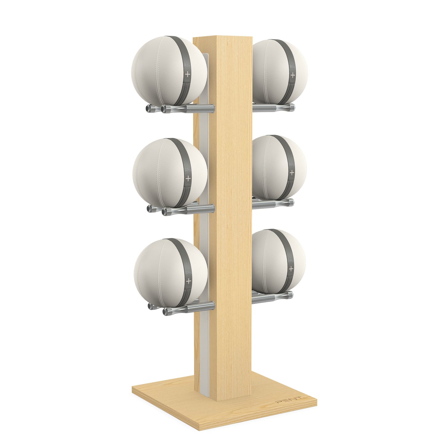 Luxury fitness equipment, 6 leather medicine ball on vertical wooden stand, handcrafted with premium Italian white leather and natural ash wood. PENT. MOXA Set