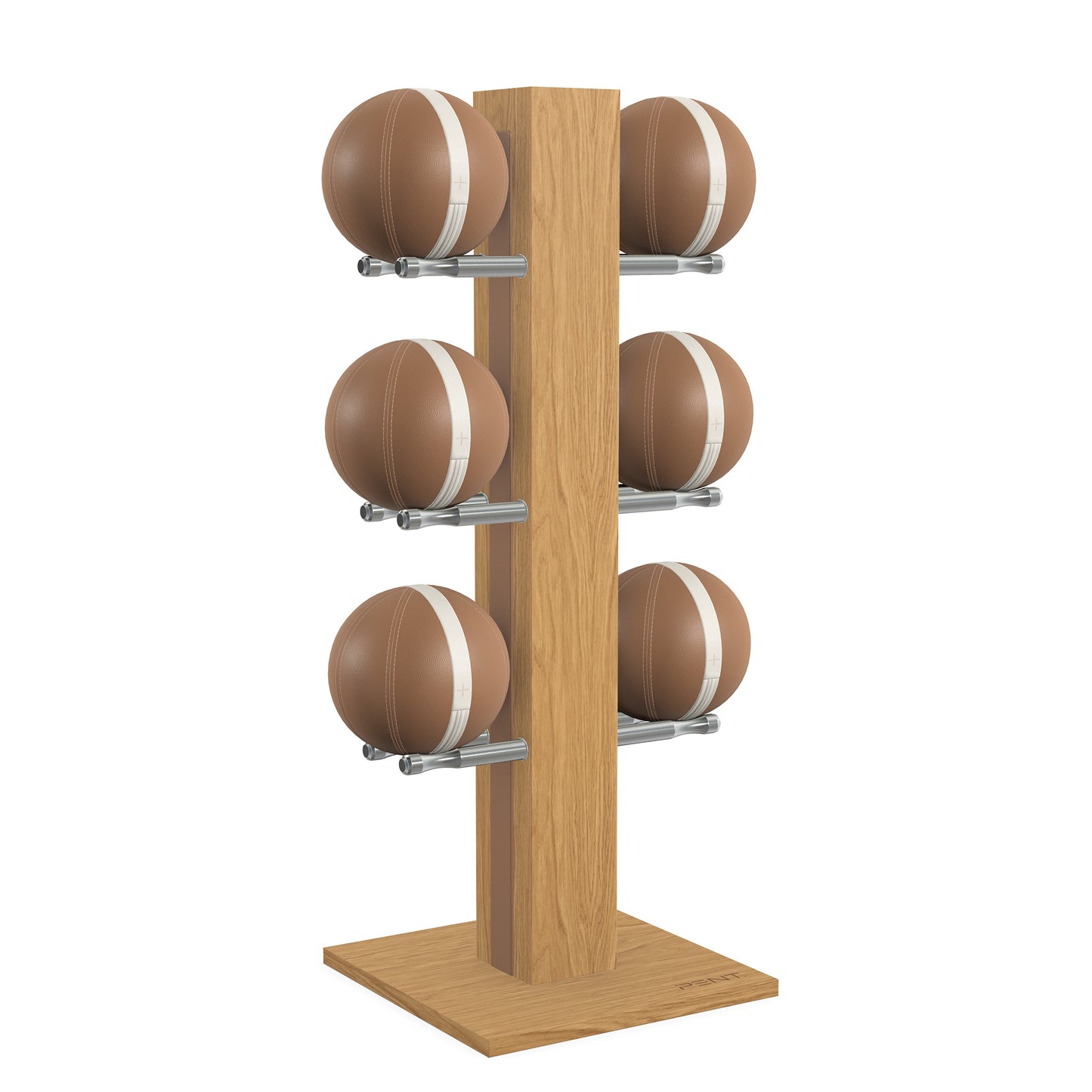 Luxury fitness equipment, 6 leather medicine ball on vertical wooden stand, handcrafted with premium Italian brown leather and natural oak wood. PENT. MOXA Set