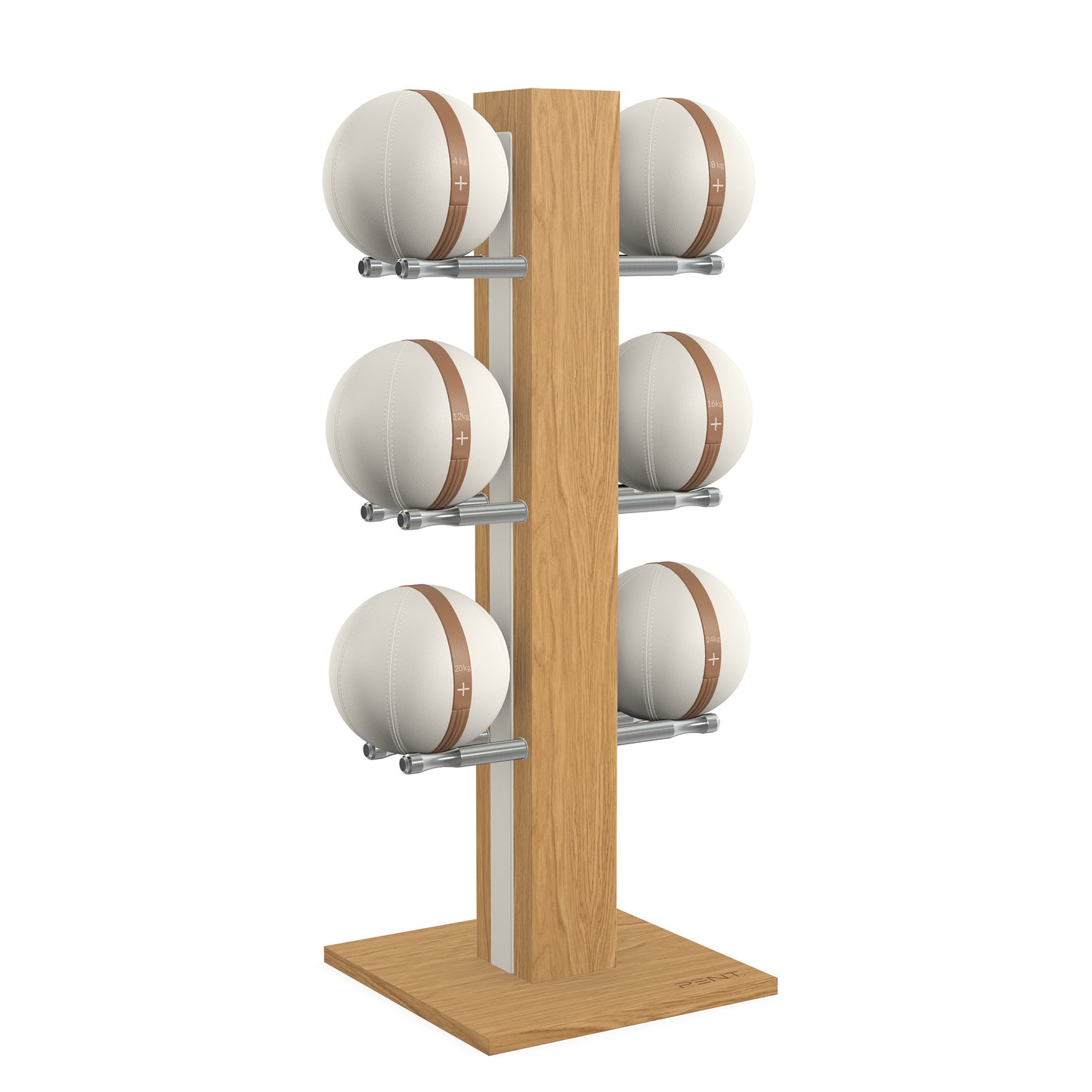 Luxury fitness equipment, 6 leather medicine ball on vertical wooden stand, handcrafted with premium Italian white leather and natural oak wood. PENT. MOXA Set