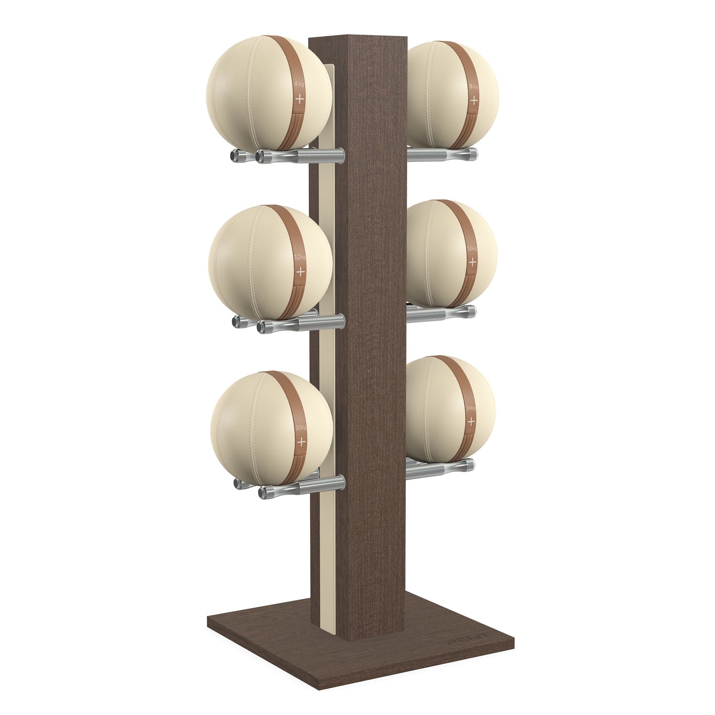 Luxury fitness equipment, 6 leather medicine ball on vertical wooden stand, handcrafted with premium Italian beige leather and dark walnut wood. PENT. MOXA Set