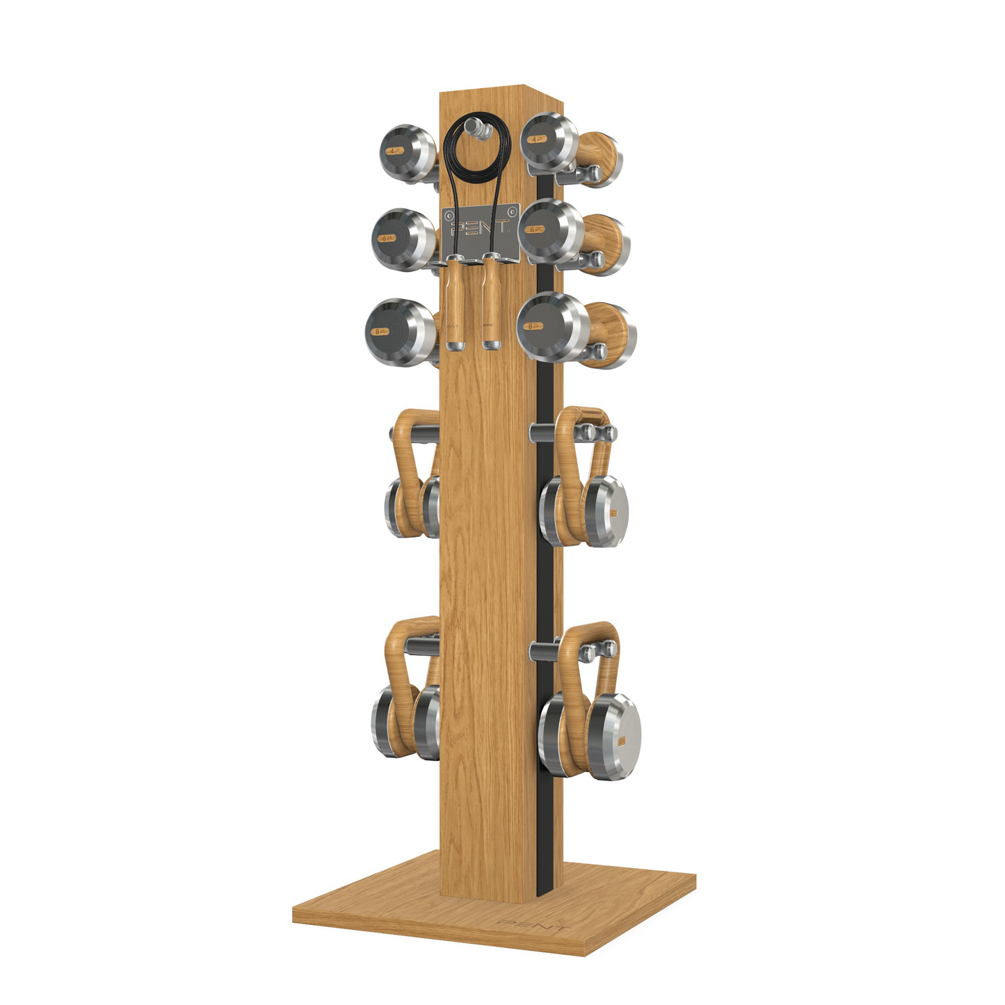 Dumbbells, kettlebells and skipping rope on a vertical oak wooden stand with black leather, luxury fitness equipment.