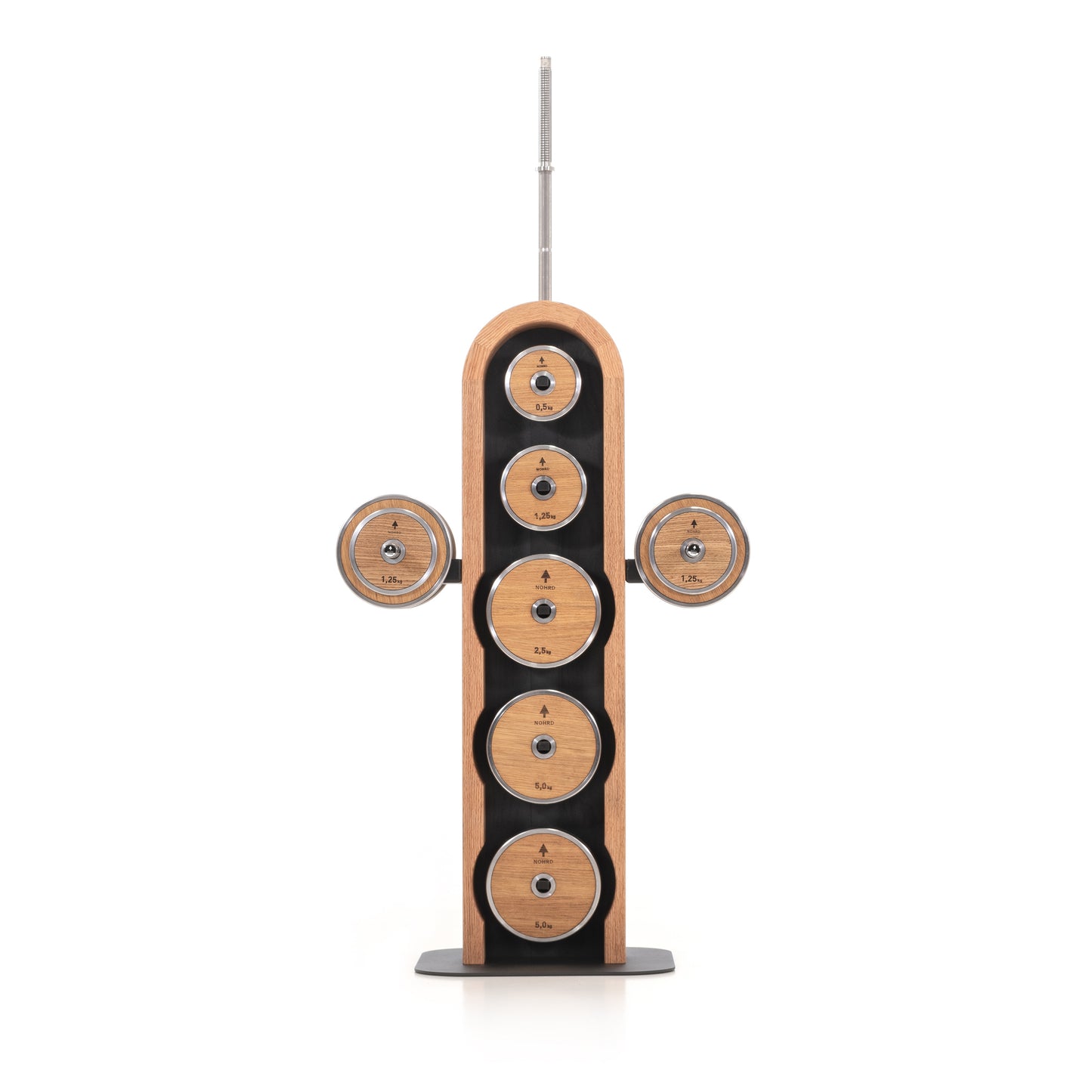 Luxury wooden & stainless steel weight plate set with barbell and dumbbell plates on a sleek vertical oak wooden rack. Premium gym equipment for strength training. NOHRD Weight Plates - Barbell & Dumbbells Tower