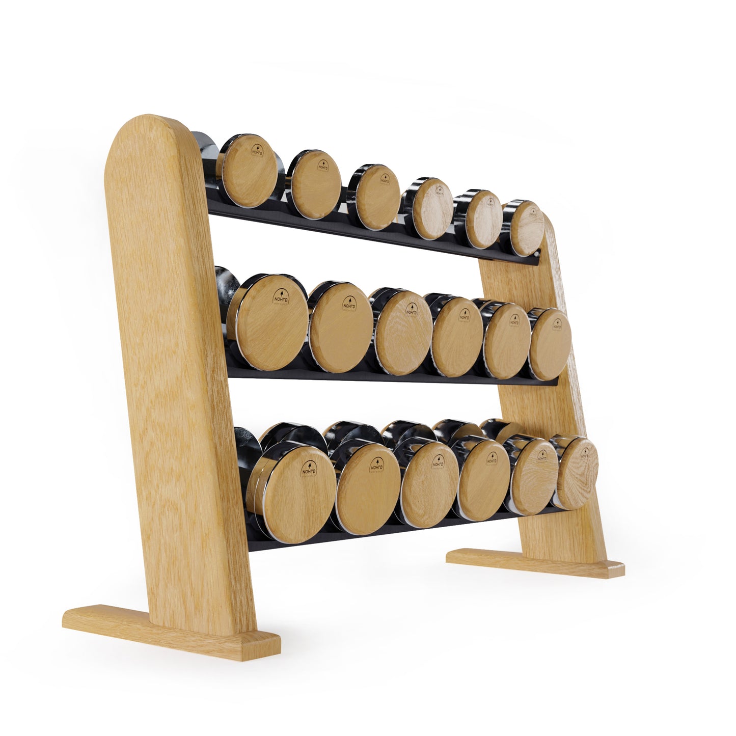 A premium oak wooden rack displaying dumbbell made with wood and stainless steel, organized neatly on multiple shelves for easy access. NOHRD DumbBells Set