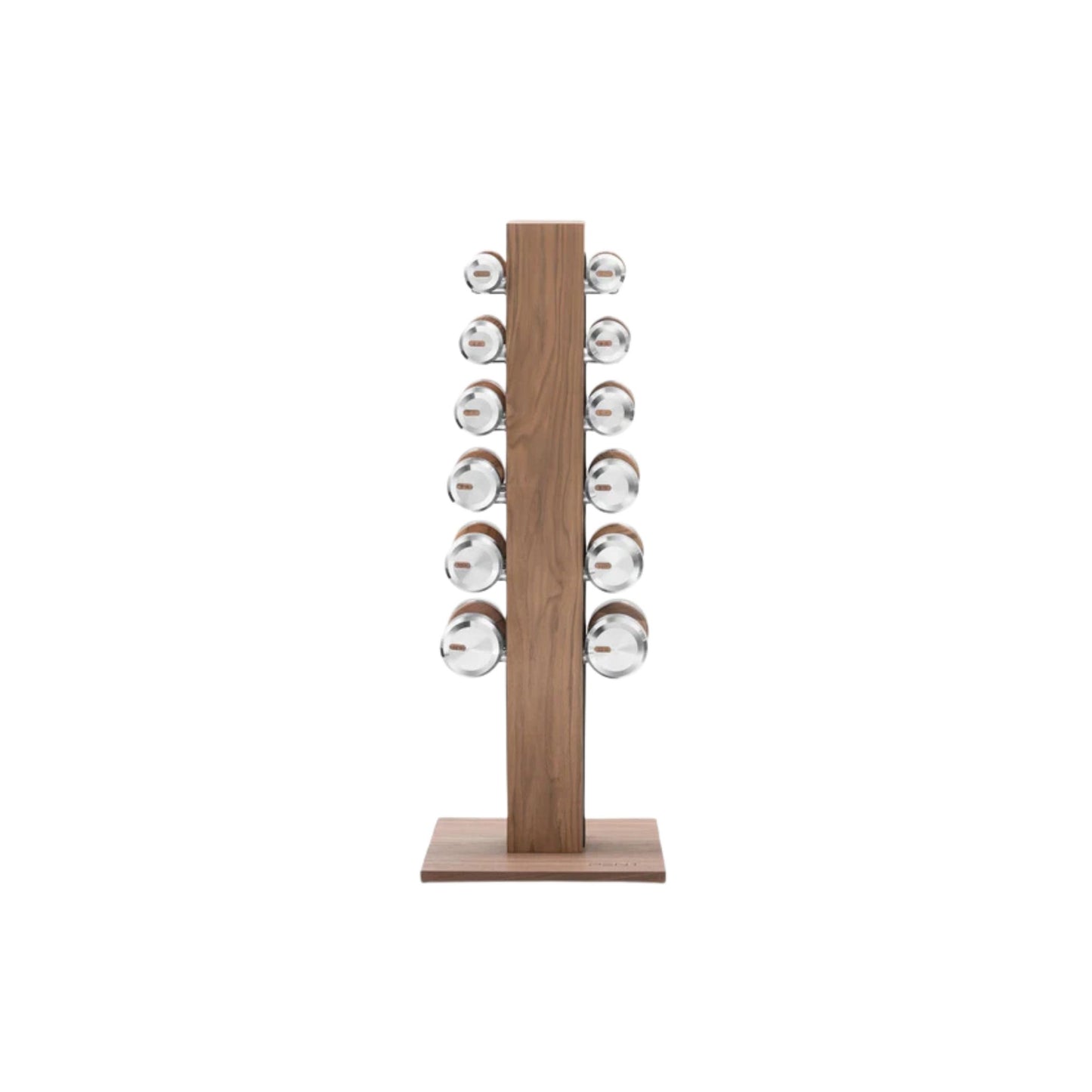 Luxury gym equipment, 6 pair of dumbbells on vertical wooden stand, made with stainless steel, Italian leather and natural wood.