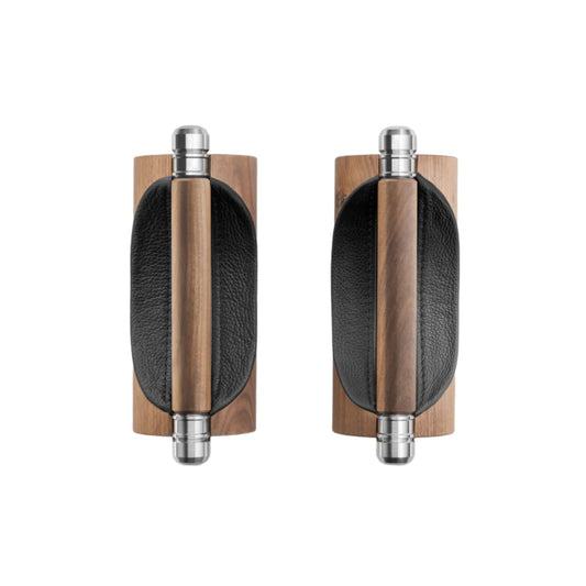 Top down view of the luxury home gym equipment, premium push up bars handcrafted from fine leather, stainless steel and natural wood. PENT. LIPOVA - Luxury Push-Up Bars