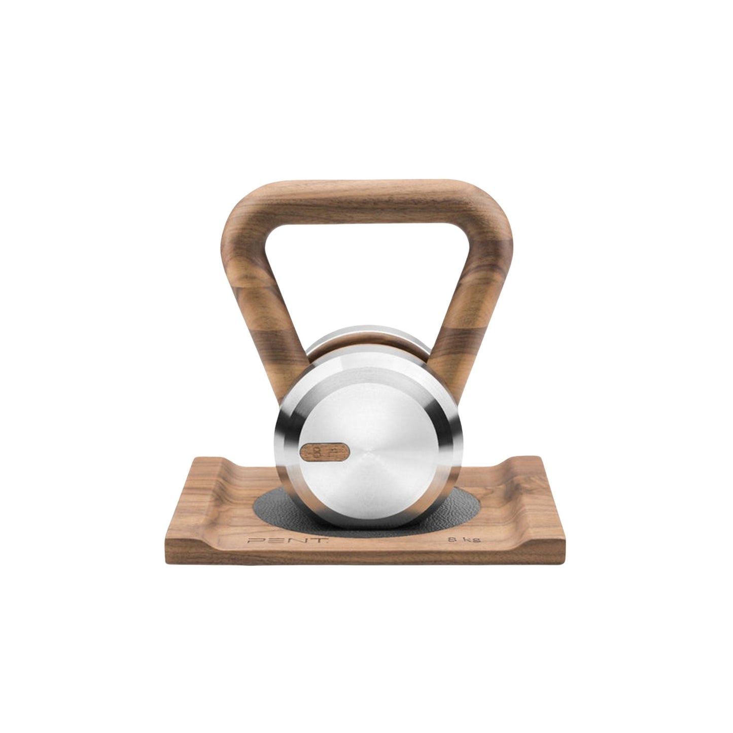 Luxury home gym equipment, premium kettlebell on wooden stand, made with stainless steel and natural wood.
