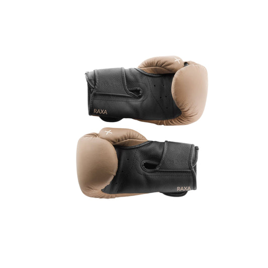 Close up view of the luxury fitness equipment, handmade boxing gloves with premium Italian leather, with default color for base & accent leather. PENT. RAXA - Luxury Boxing Gloves