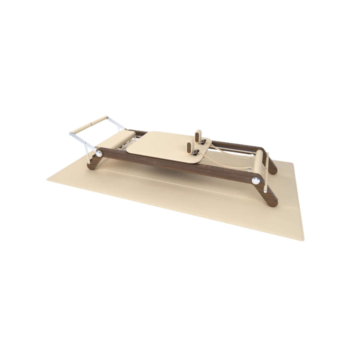 A luxury wooden Pilates reformer with leather padding and adjustable foot bar, made with natural wood and white fine Italian leather, PENT. PILATES - REFORMER