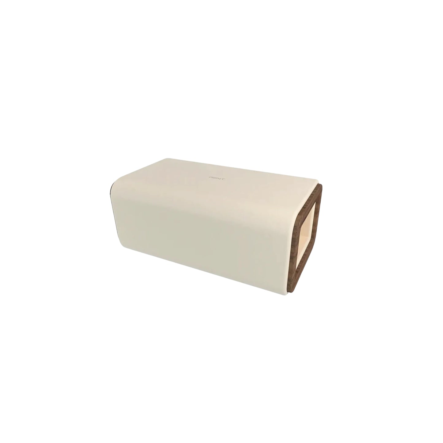 A luxurious reformer box with a white leather exterior and a wooden base.