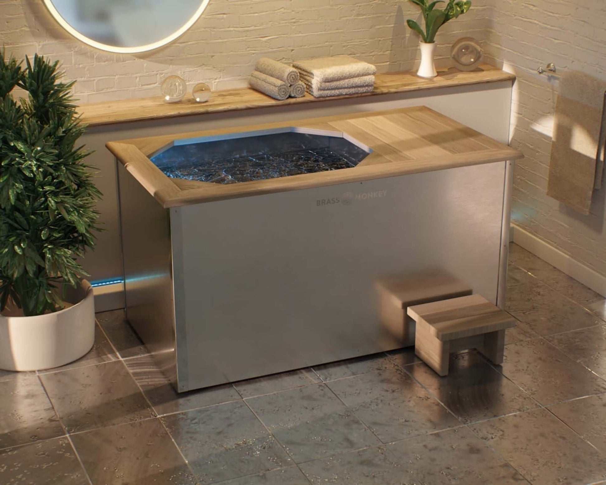 A premium cold therapy ice bath handcrafted with herringbone limed oak wood and metal edges finish. Brass Monkey - Ice Bath