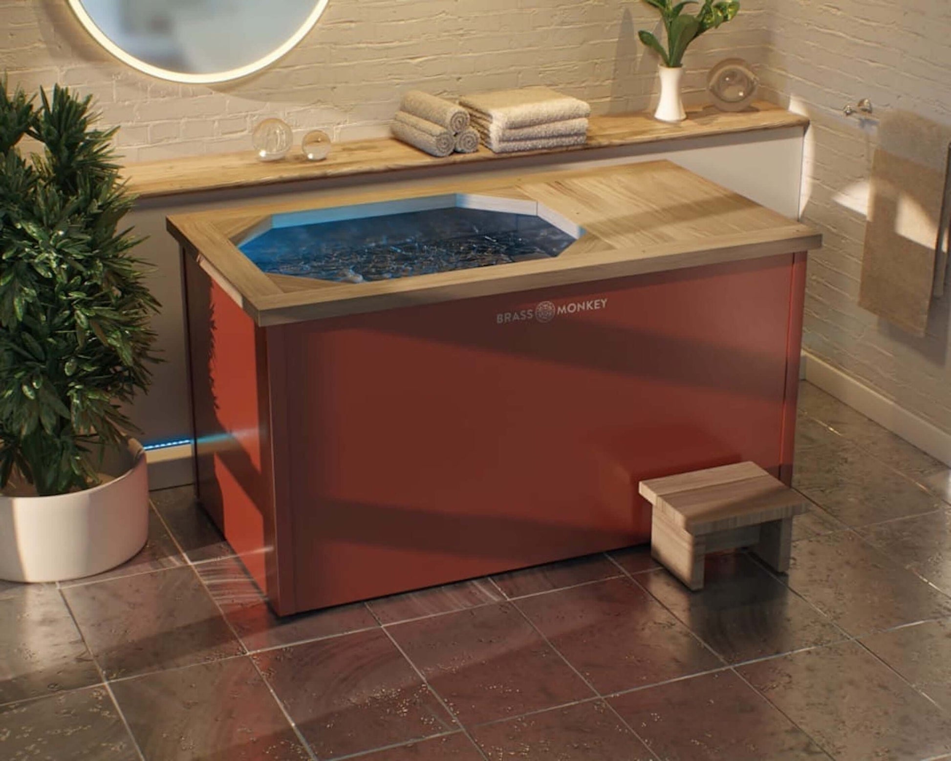 A premium cold therapy ice bath handcrafted with matched edges wood and brick red finish. Brass Monkey - Ice Bath