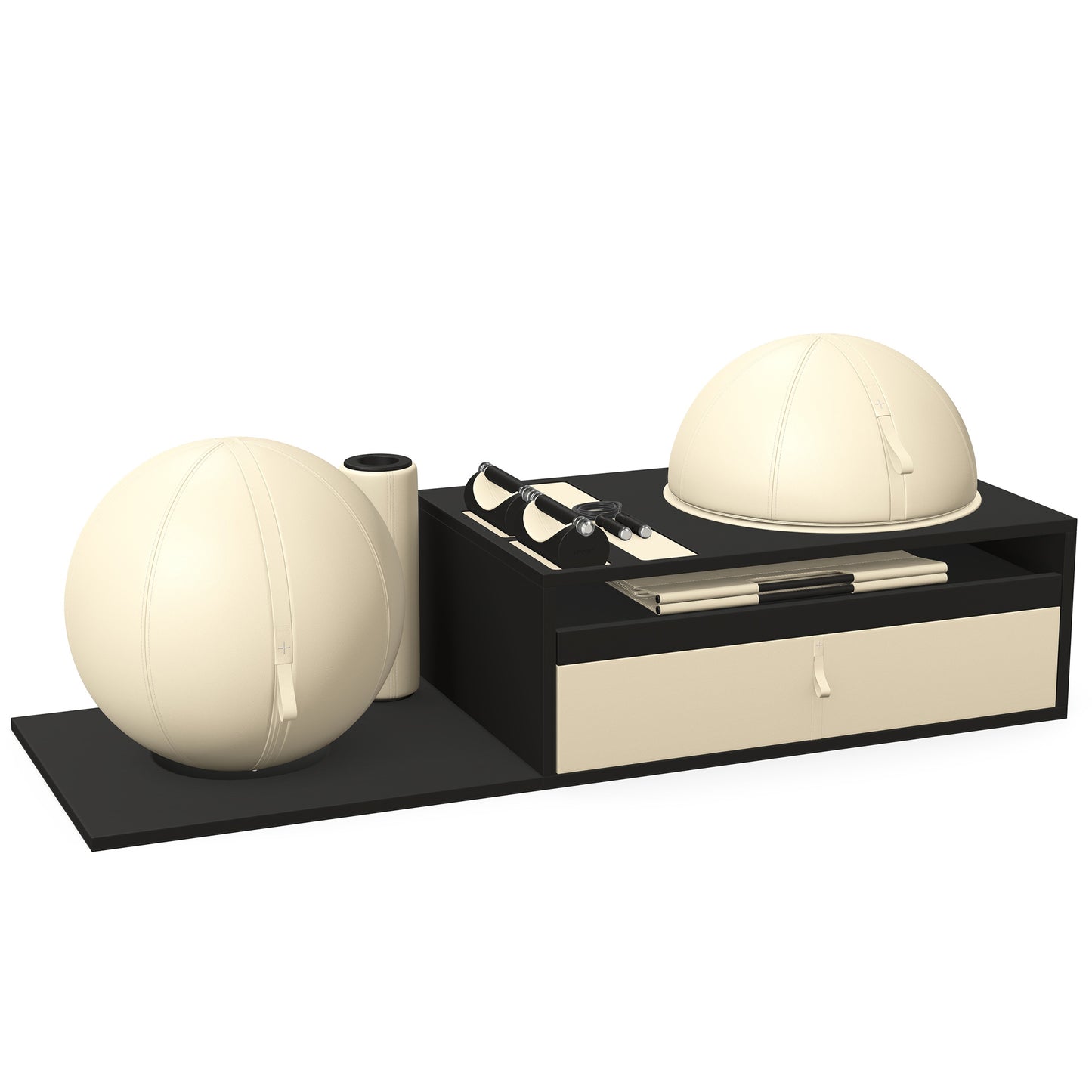 PENT. RACKA: Skipping ropes, push up bars, fitness mat, fitness ball, balance ball and stretching roller. Handcrafted with natural Italian beige base leather, beige accent leather and black ash wood.