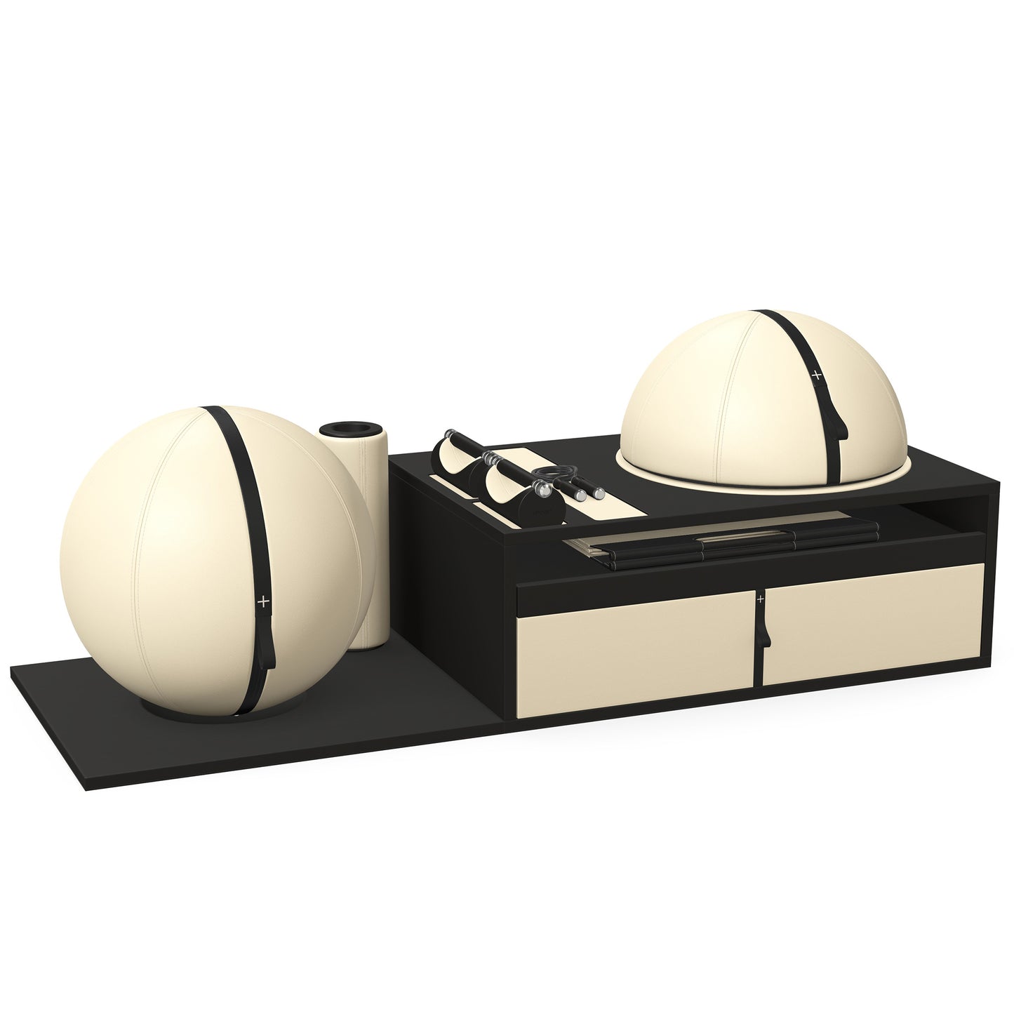 PENT. RACKA: Skipping ropes, push up bars, fitness mat, fitness ball, balance ball and stretching roller. Handcrafted with natural Italian beige base leather, black accent leather and black ash wood.