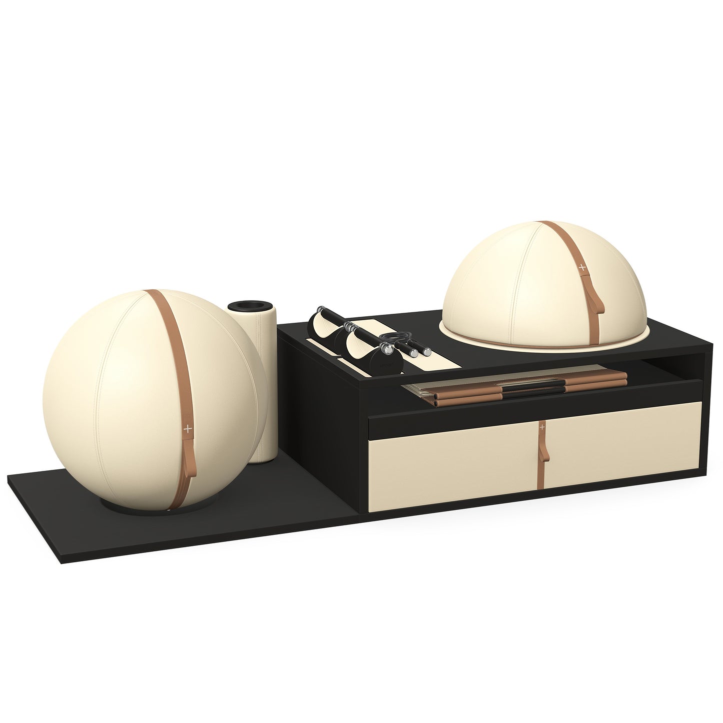 PENT. RACKA: Skipping ropes, push up bars, fitness mat, fitness ball, balance ball and stretching roller. Handcrafted with natural Italian beige base leather, brown accent leather and black ash wood.