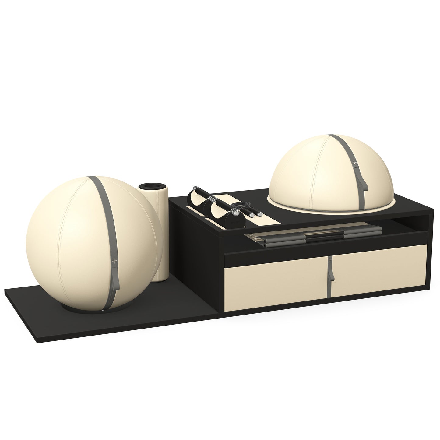 PENT. RACKA: Skipping ropes, push up bars, fitness mat, fitness ball, balance ball and stretching roller. Handcrafted with natural Italian beige base leather, grey accent leather and black ash wood.