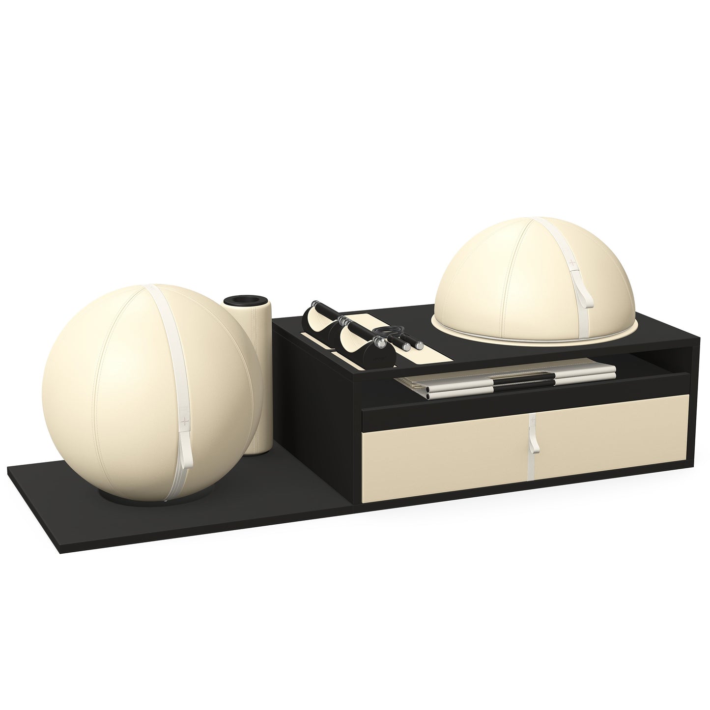 PENT. RACKA: Skipping ropes, push up bars, fitness mat, fitness ball, balance ball and stretching roller. Handcrafted with natural Italian beige base leather, white accent leather and black ash wood.