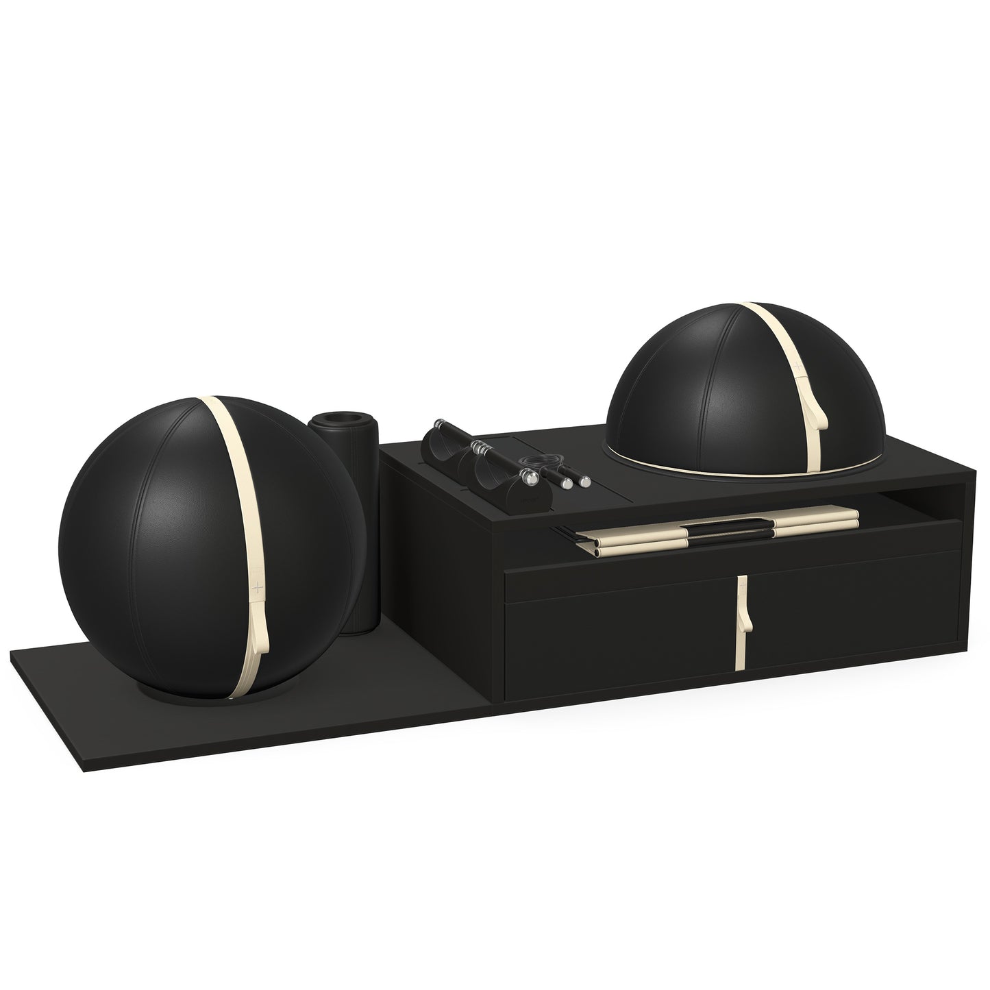 PENT. RACKA: Skipping ropes, push up bars, fitness mat, fitness ball, balance ball and stretching roller. Handcrafted with natural Italian black base leather, beige accent leather and black ash wood.